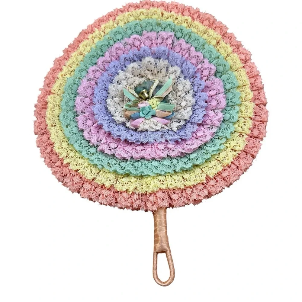 Pastel Rainbow Lace Ruffle Hand Fan Woven Straw Floral Decorative Cottagecore